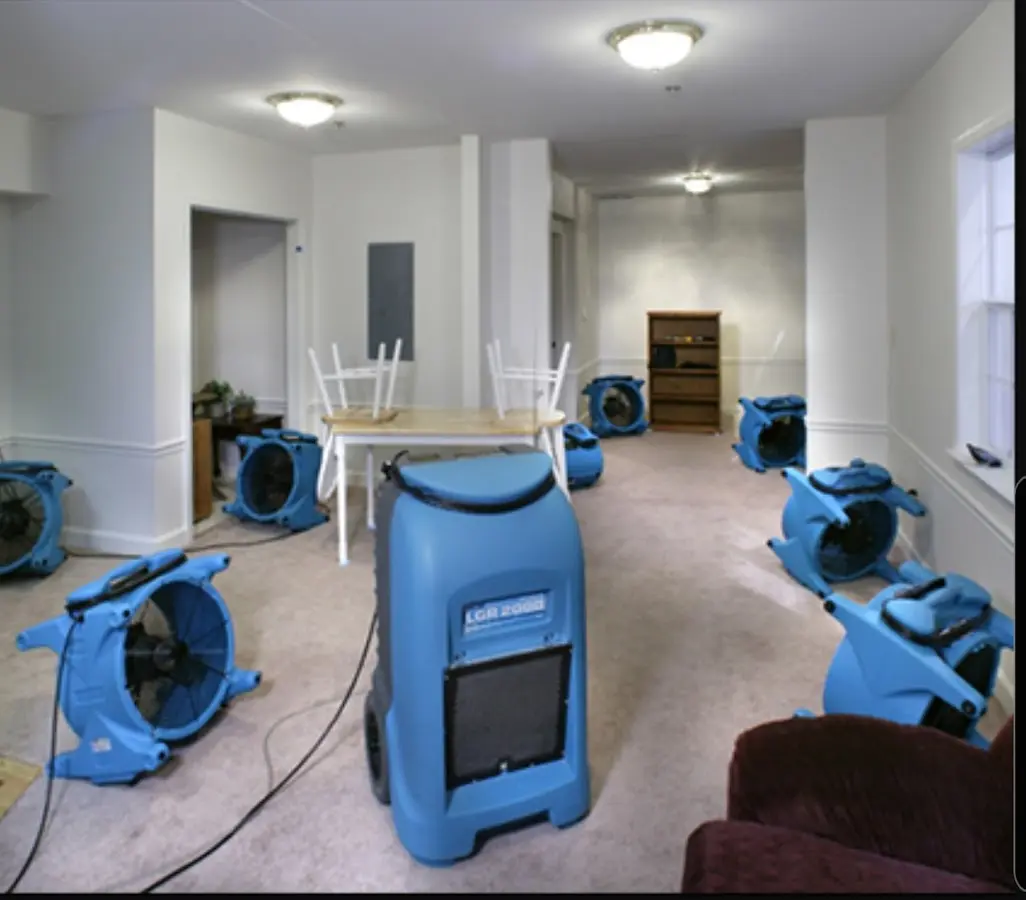 Air movers and dehumidifier setup for Water Damage Restoration in Peach Bottom